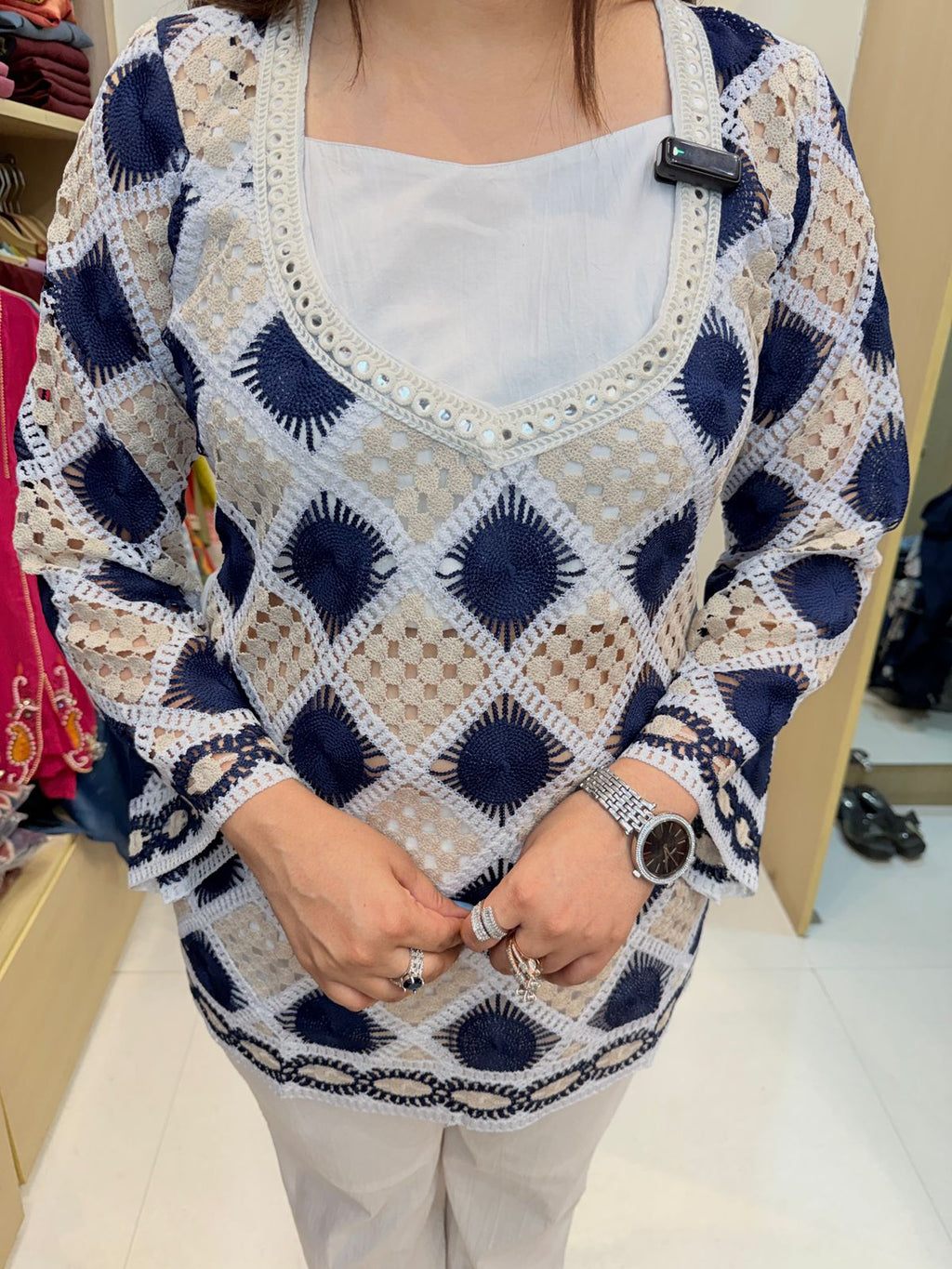 Avena | Ivory & Navy Printed Co-ord Set with Statement Top & Straight Pants