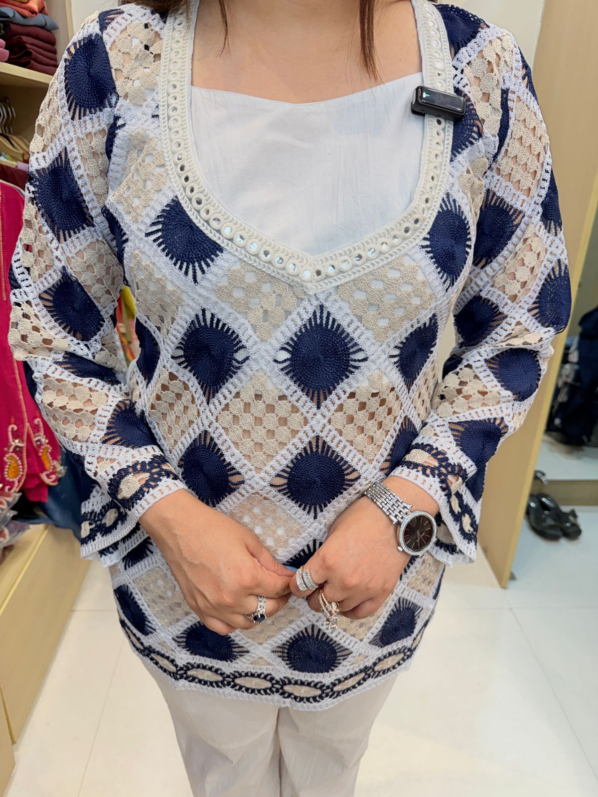 Avena | Ivory & Navy Printed Co-ord Set with Statement Top & Straight Pants