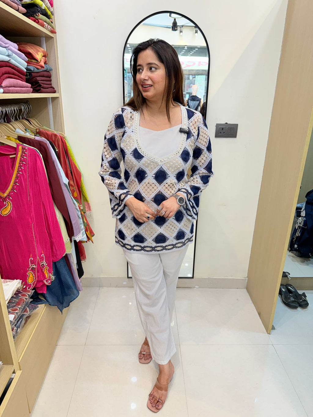 Avena | Ivory & Navy Printed Co-ord Set with Statement Top & Straight Pants