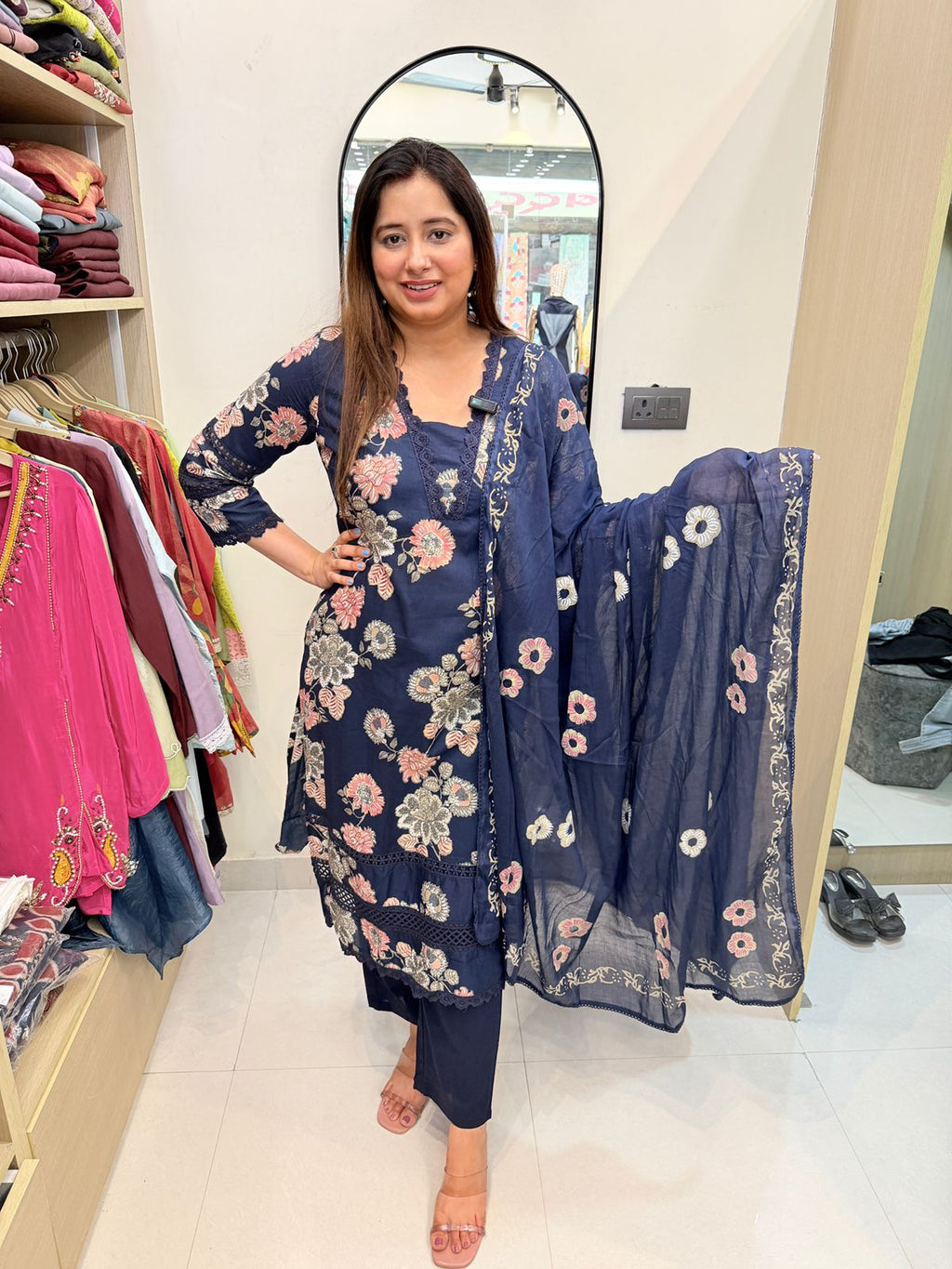 Naayra | Navy Blue Floral Kurta Pant Set with Elegant Dupatta & Embroidered Detailing