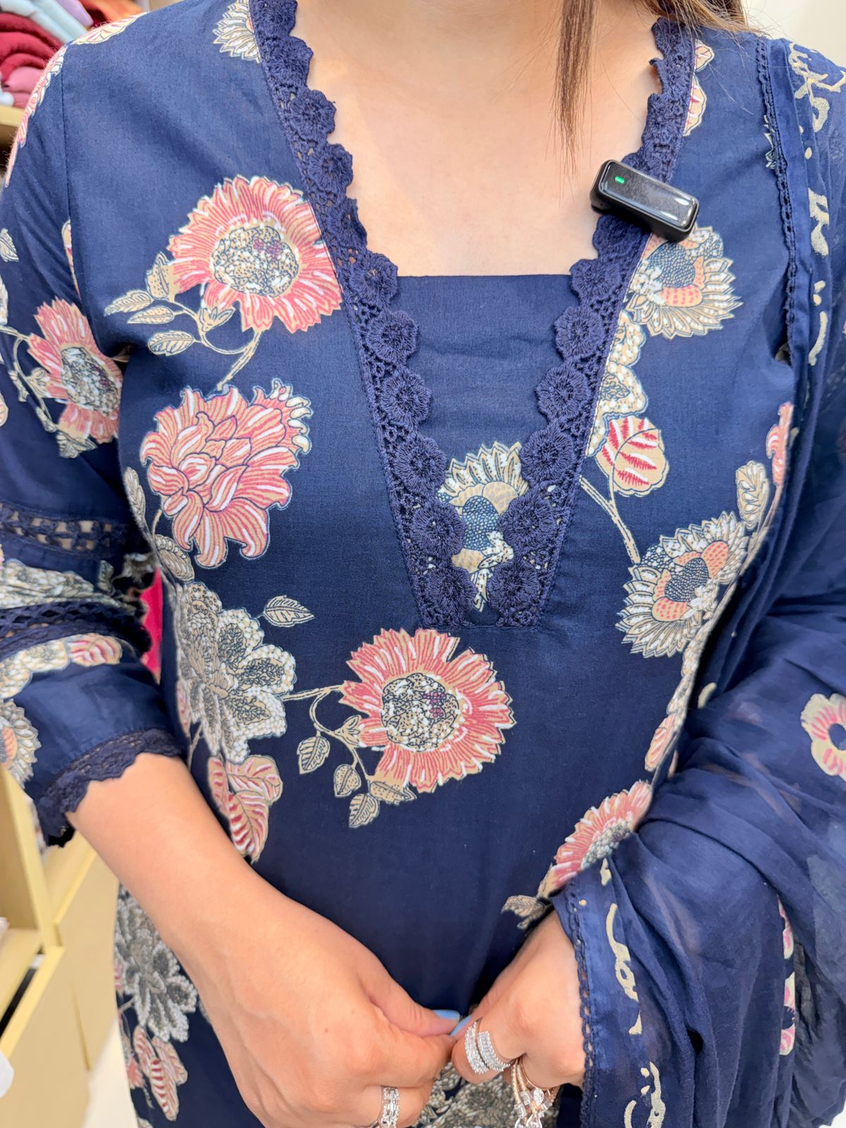 Naayra | Navy Blue Floral Kurta Pant Set with Elegant Dupatta & Embroidered Detailing