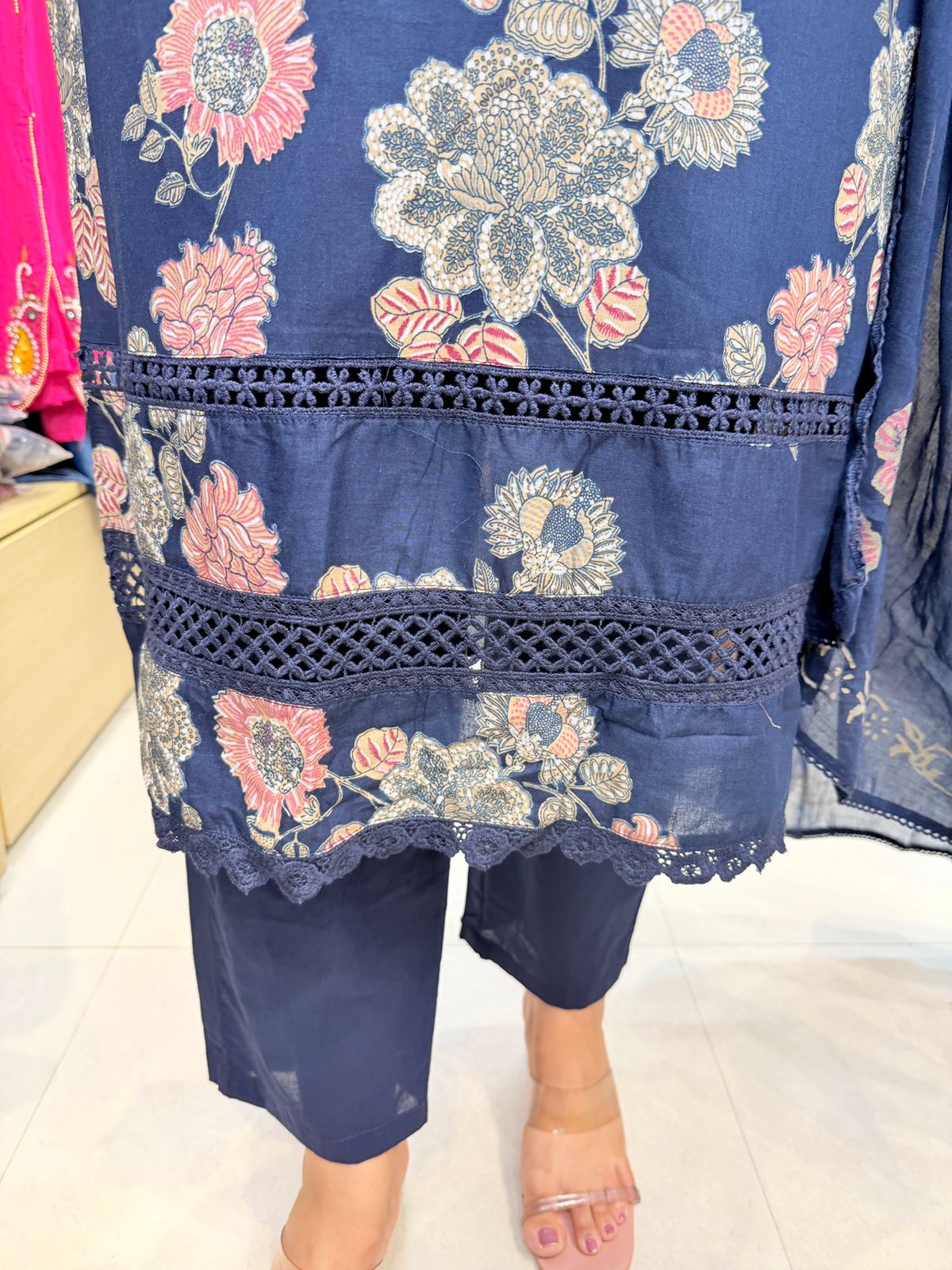 Naayra | Navy Blue Floral Kurta Pant Set with Elegant Dupatta & Embroidered Detailing