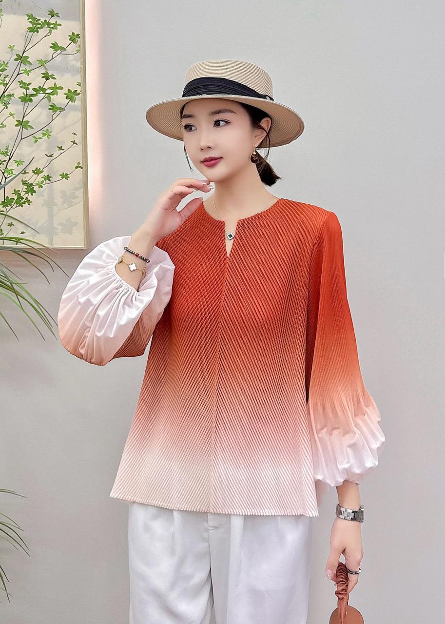 Zephyra | Mist Top Pastel Green Pleated Ombre Top with Sheer Bell Sleeves