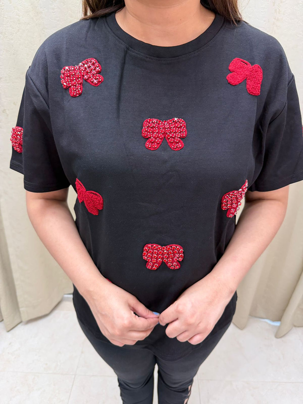 Lovelle | Embellished Bow & Heart Cotton T-Shirt (Multiple Colors)
