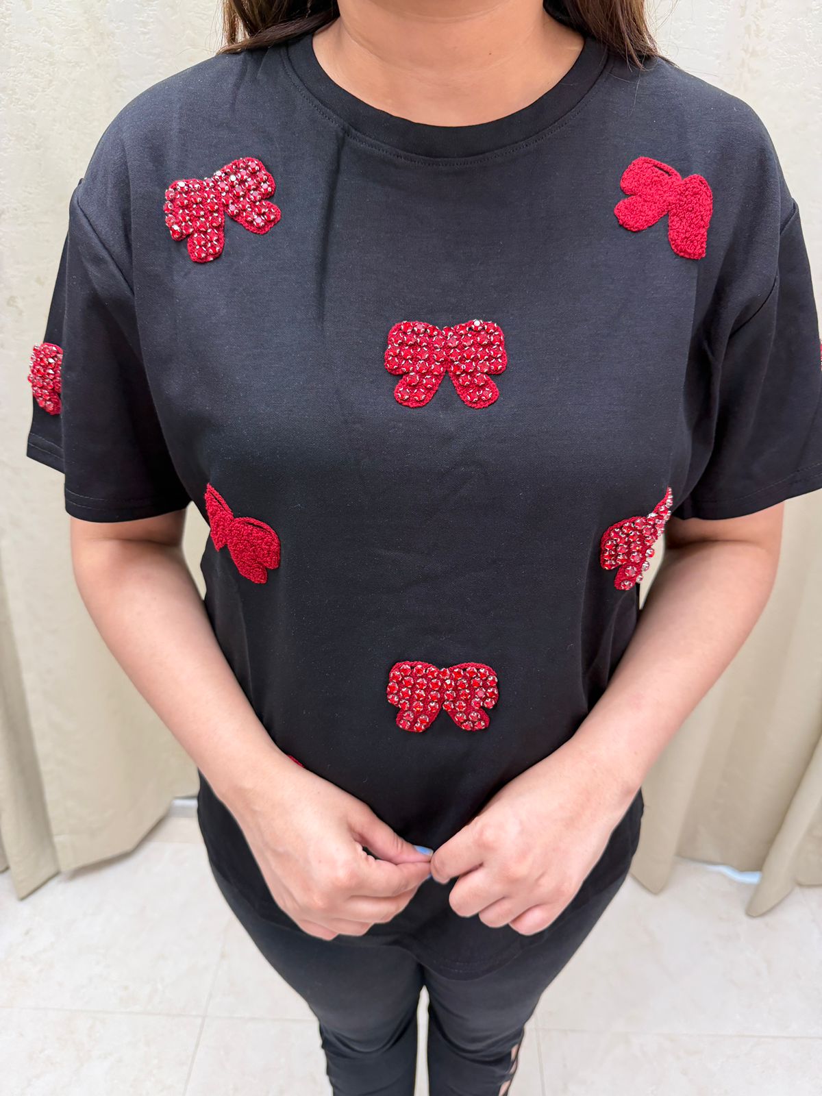 Lovelle | Embellished Bow & Heart Cotton T-Shirt (Multiple Colors)