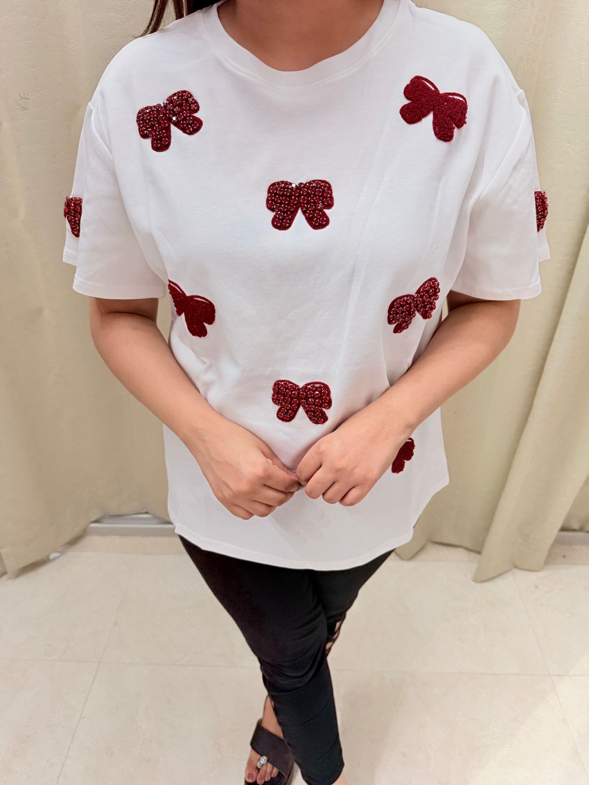 Lovelle | Embellished Bow & Heart Cotton T-Shirt (Multiple Colors)