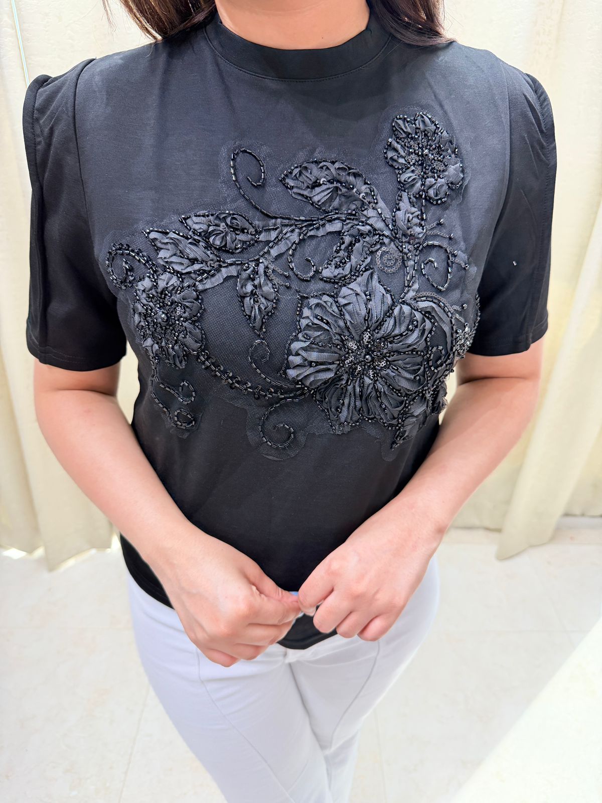 Florique | Embellished Floral Appliqué Top with High Neck (Multiple Colors)