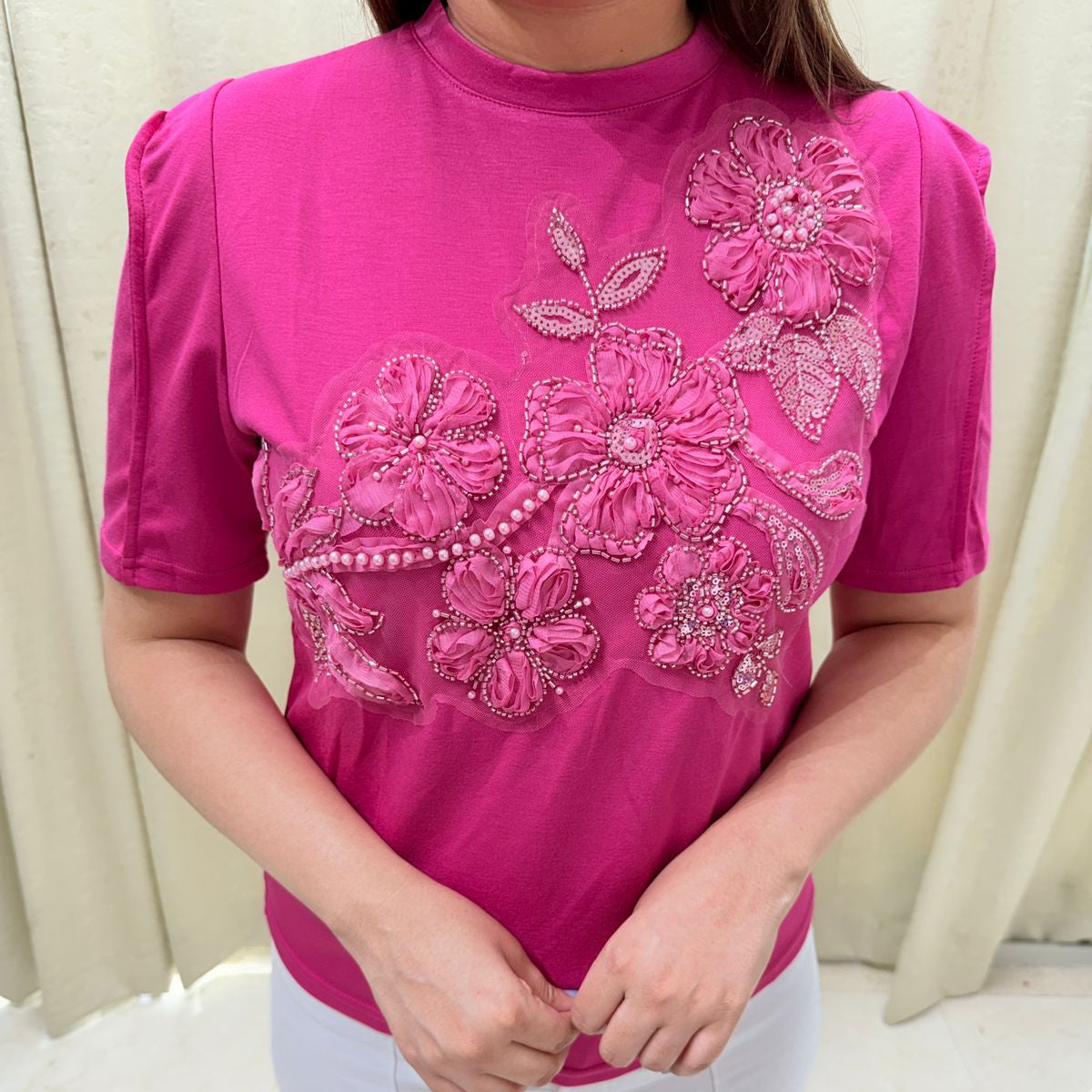 Florique | Embellished Floral Appliqué Top with High Neck (Multiple Colors)