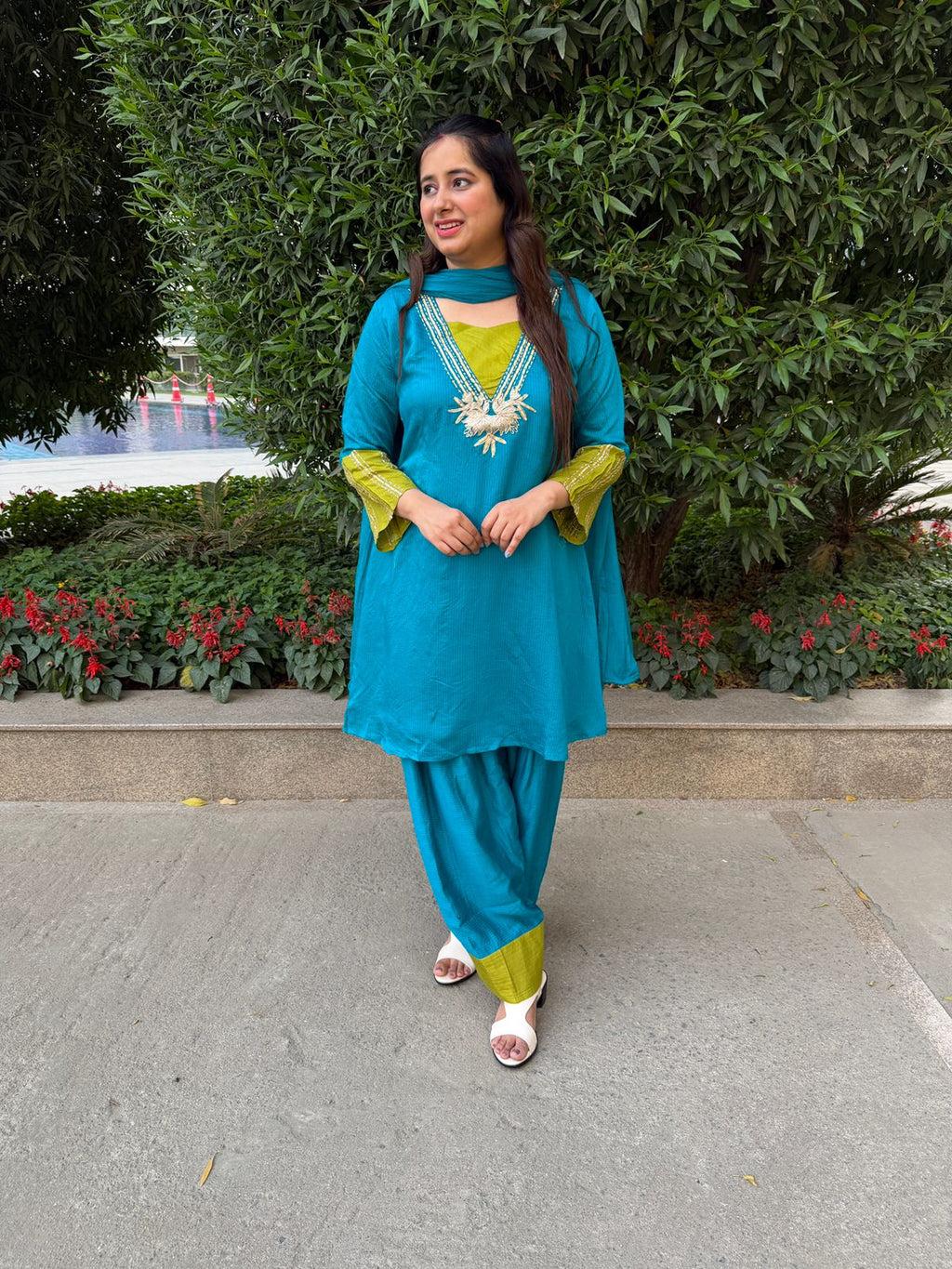 Vyra | Teal Blue Embroidered Suit Set with Contrast Detailing