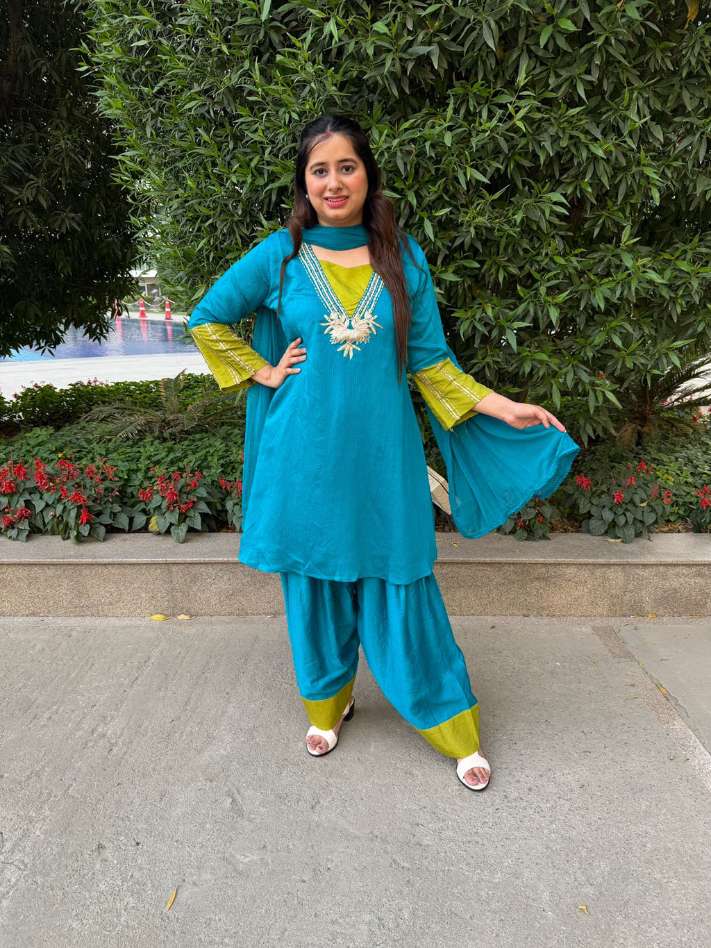 Vyra | Teal Blue Embroidered Suit Set with Contrast Detailing