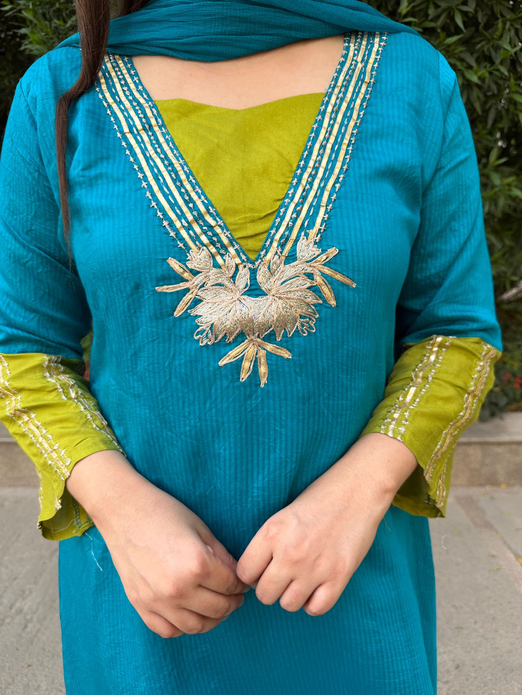 Vyra | Teal Blue Embroidered Suit Set with Contrast Detailing