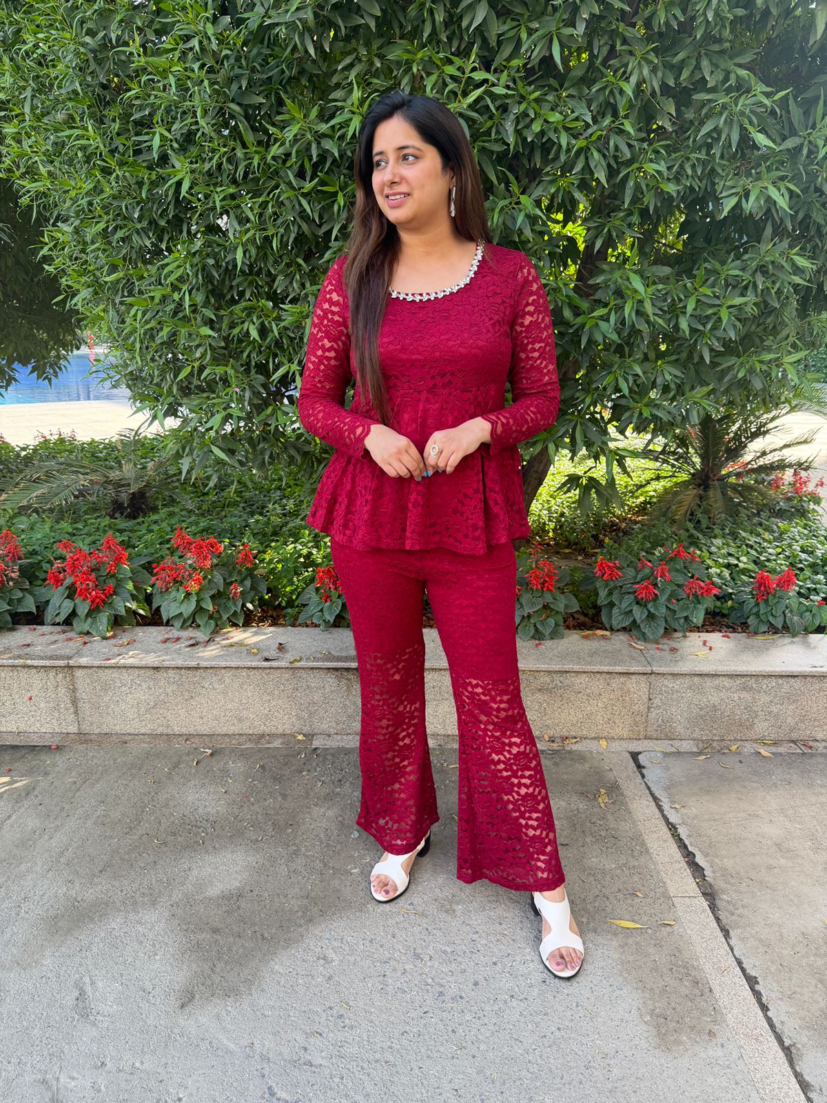 Zyvra | Lace Co-ord Set with Peplum Top & Flared Pants