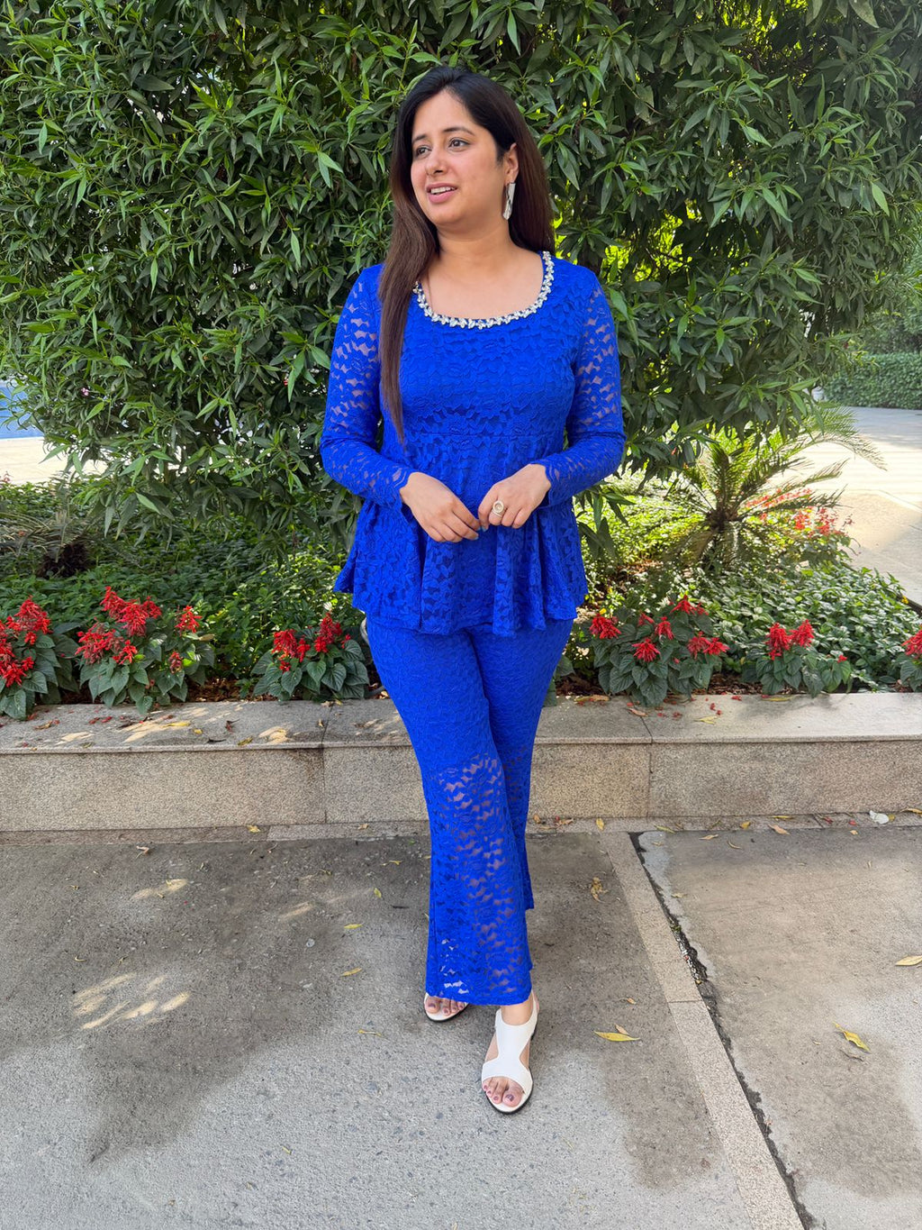 Zyvra | Lace Co-ord Set with Peplum Top & Flared Pants