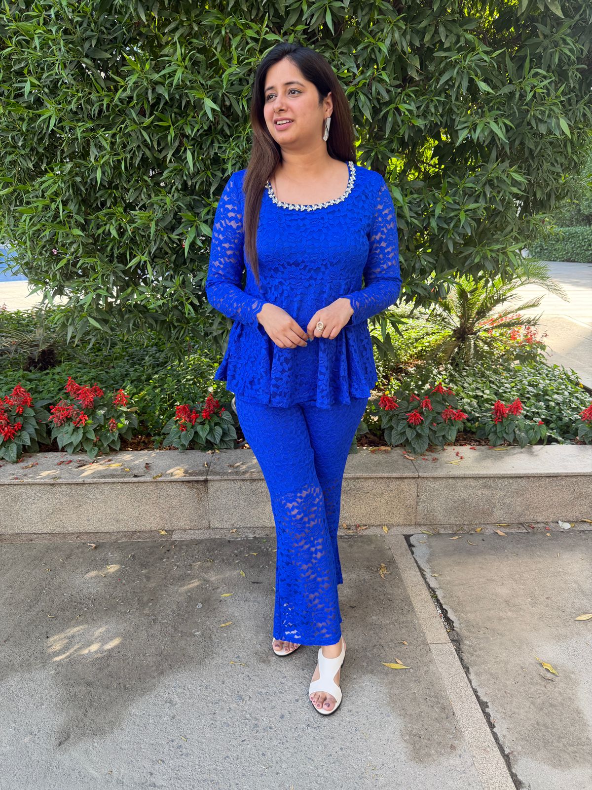 Zyvra | Lace Co-ord Set with Peplum Top & Flared Pants