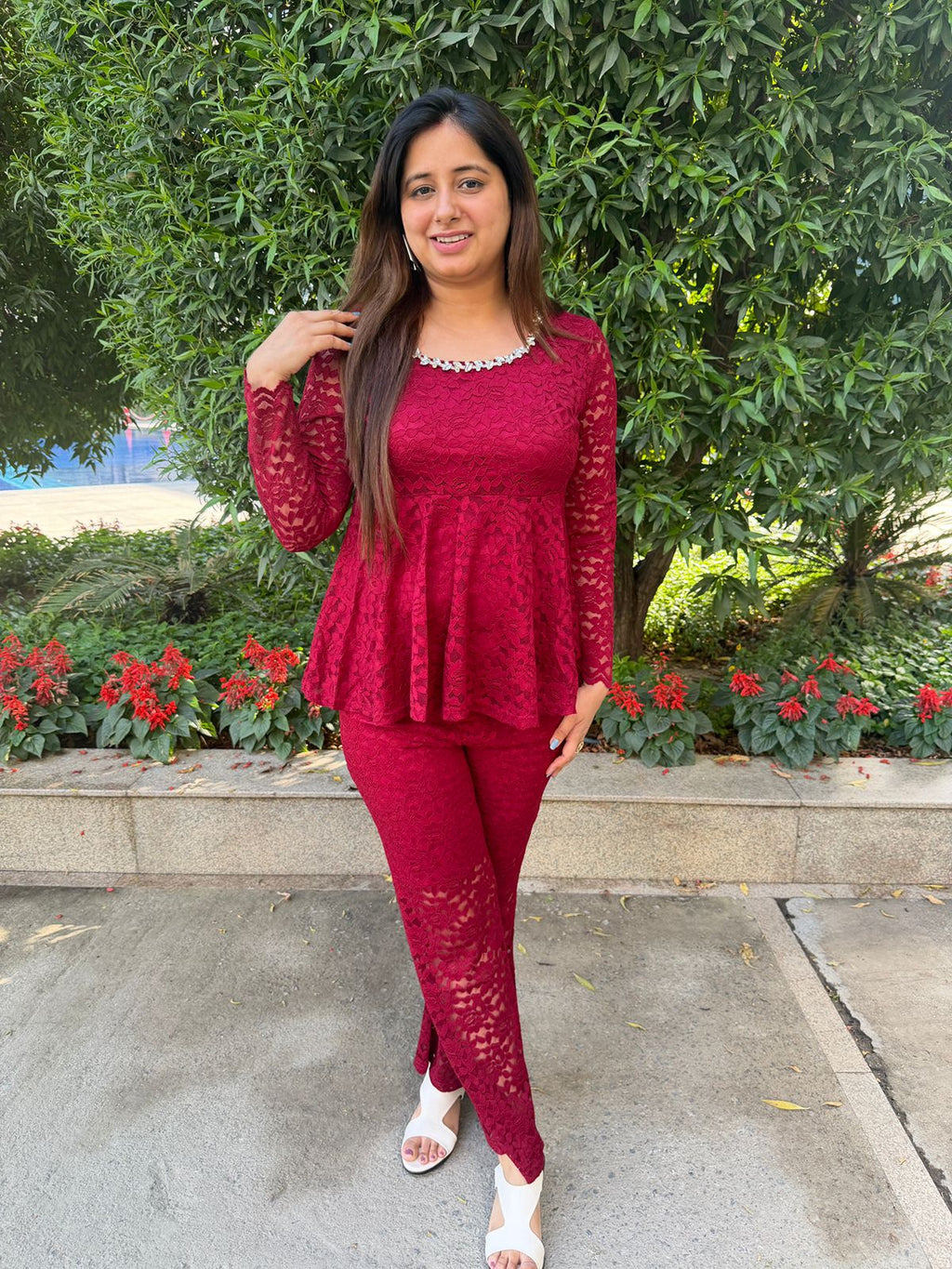 Zyvra | Lace Co-ord Set with Peplum Top & Flared Pants