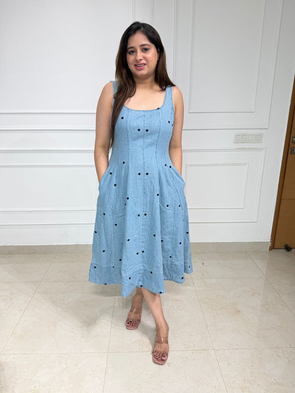 Aveline 💙 | Denim Blue Heart Embroidered Midi Dress
