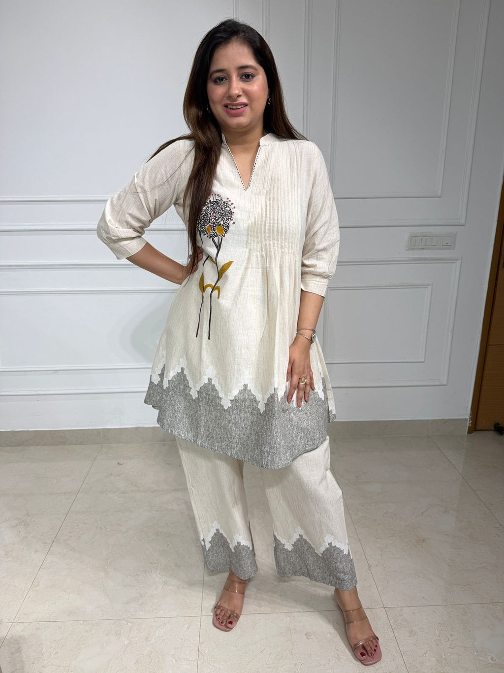 Meher | Ivory Embroidered Kurta Set with Palazzo