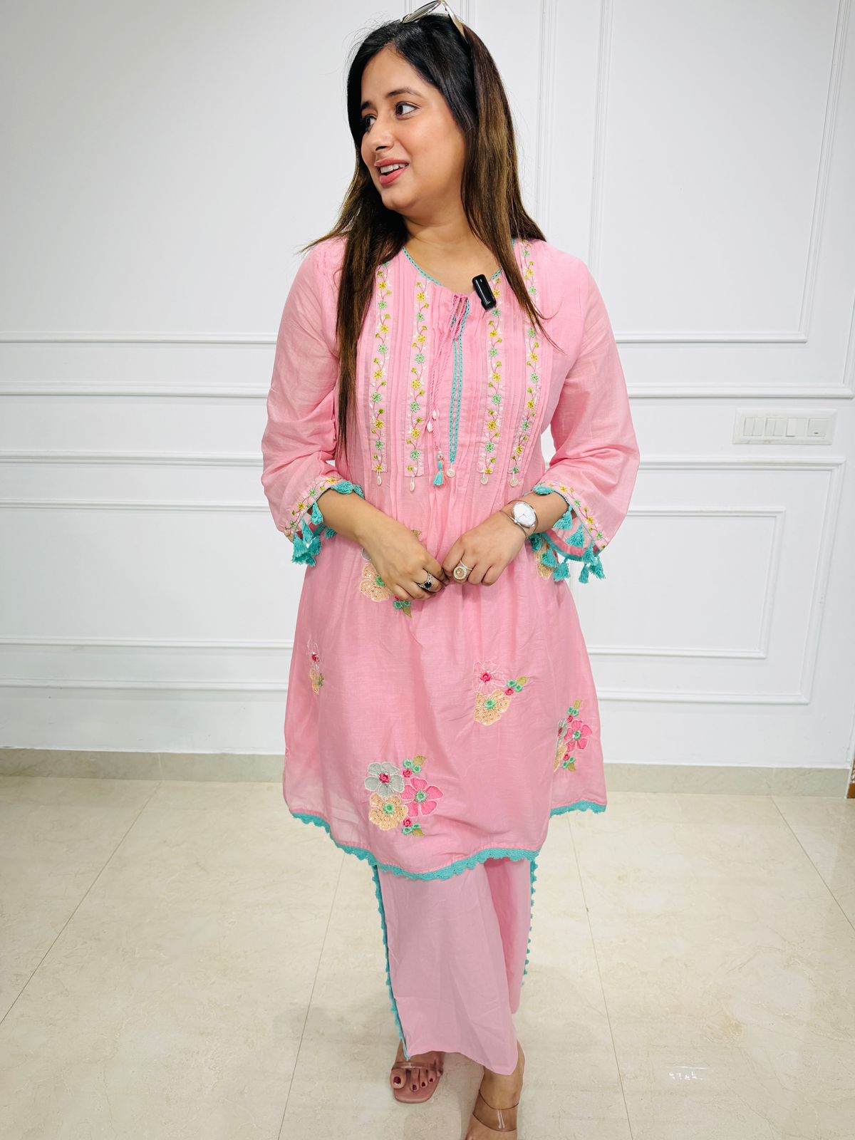 Gulnaar | Pink Floral Embroidered Kurta Set with Palazzo