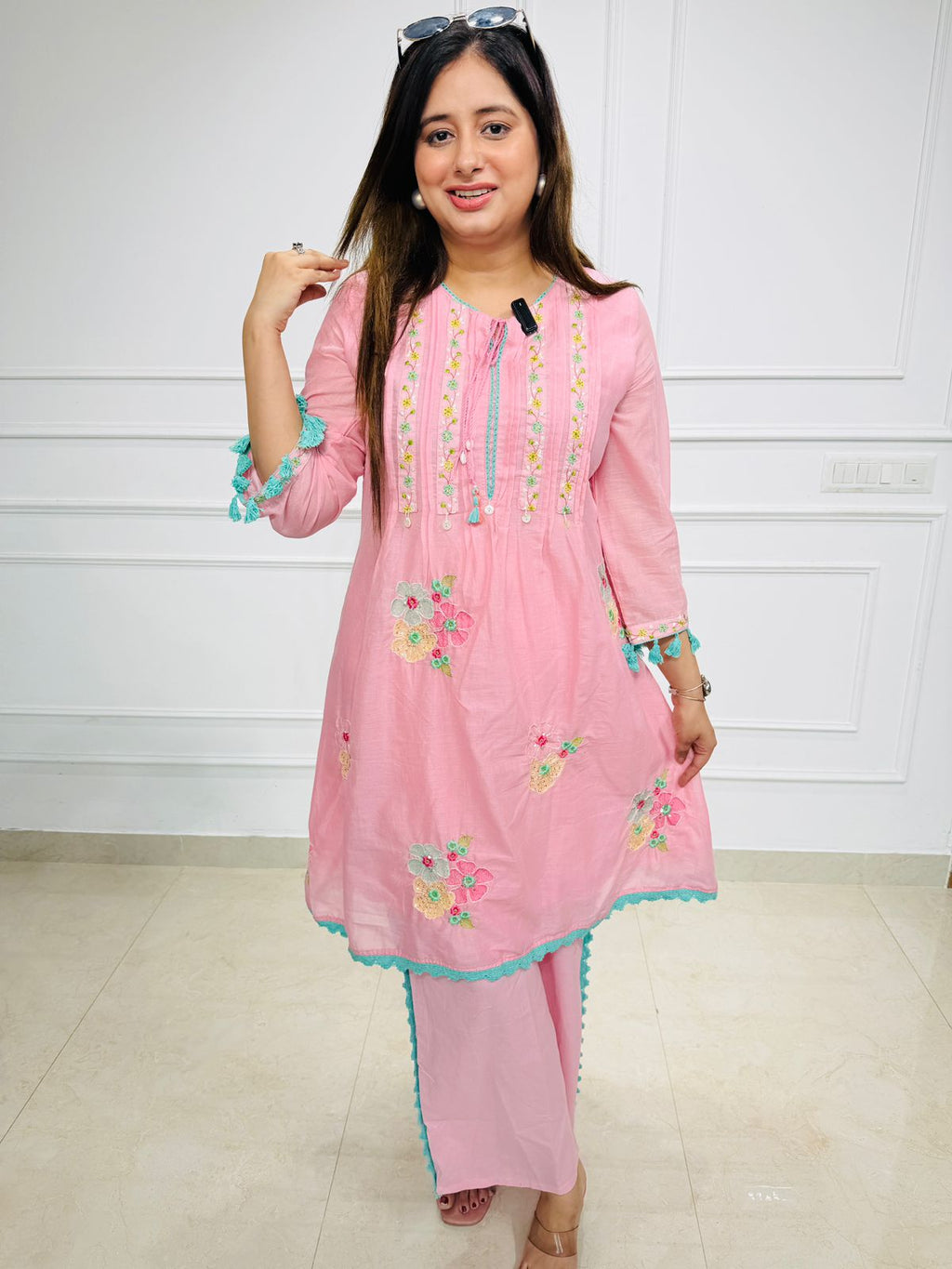 Gulnaar | Pink Floral Embroidered Kurta Set with Palazzo