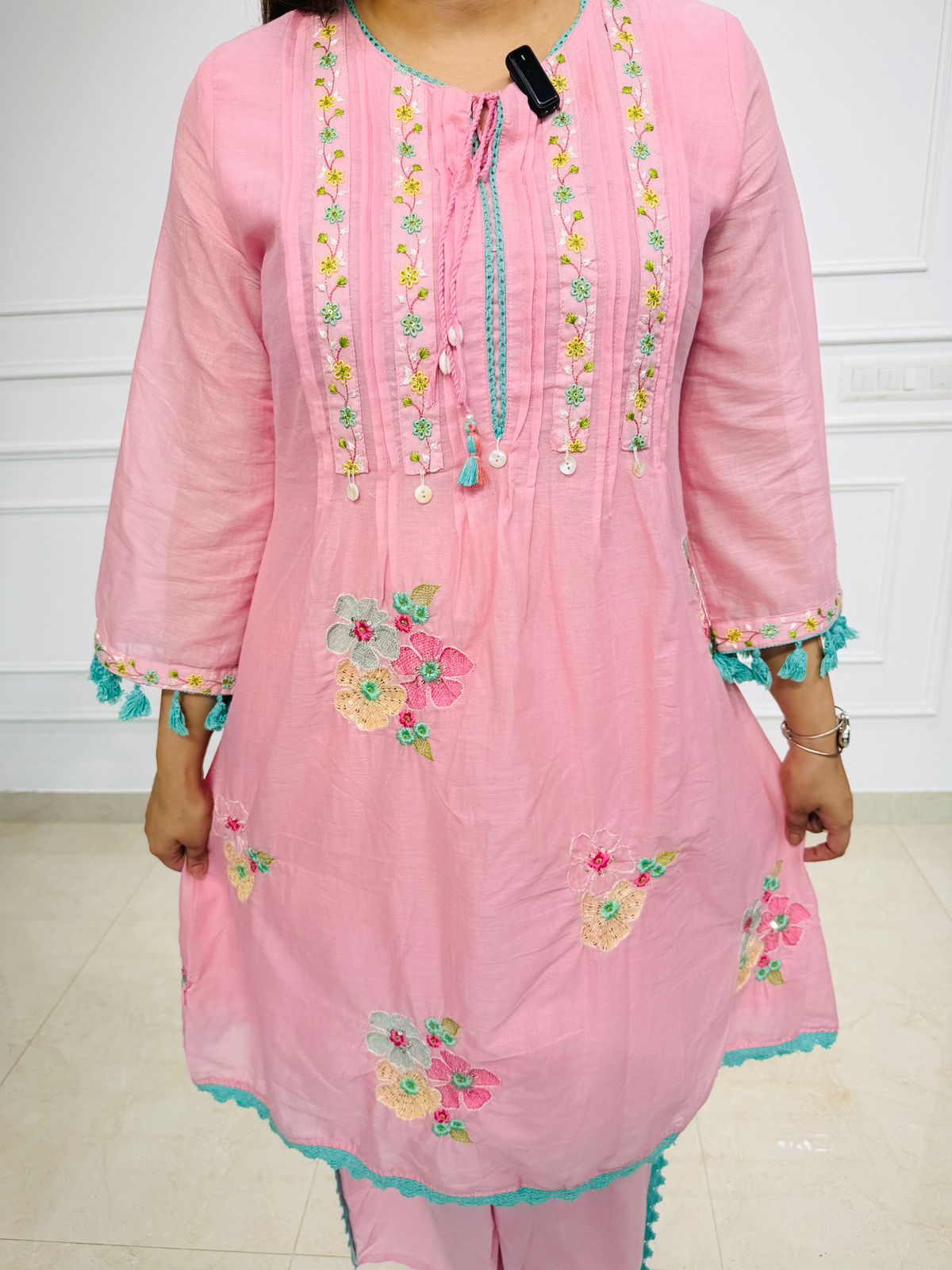 Gulnaar | Pink Floral Embroidered Kurta Set with Palazzo