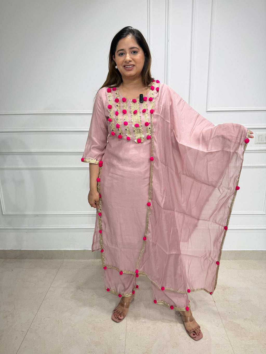 Rovena | Pink Embellished Kurta Set with Dupatta