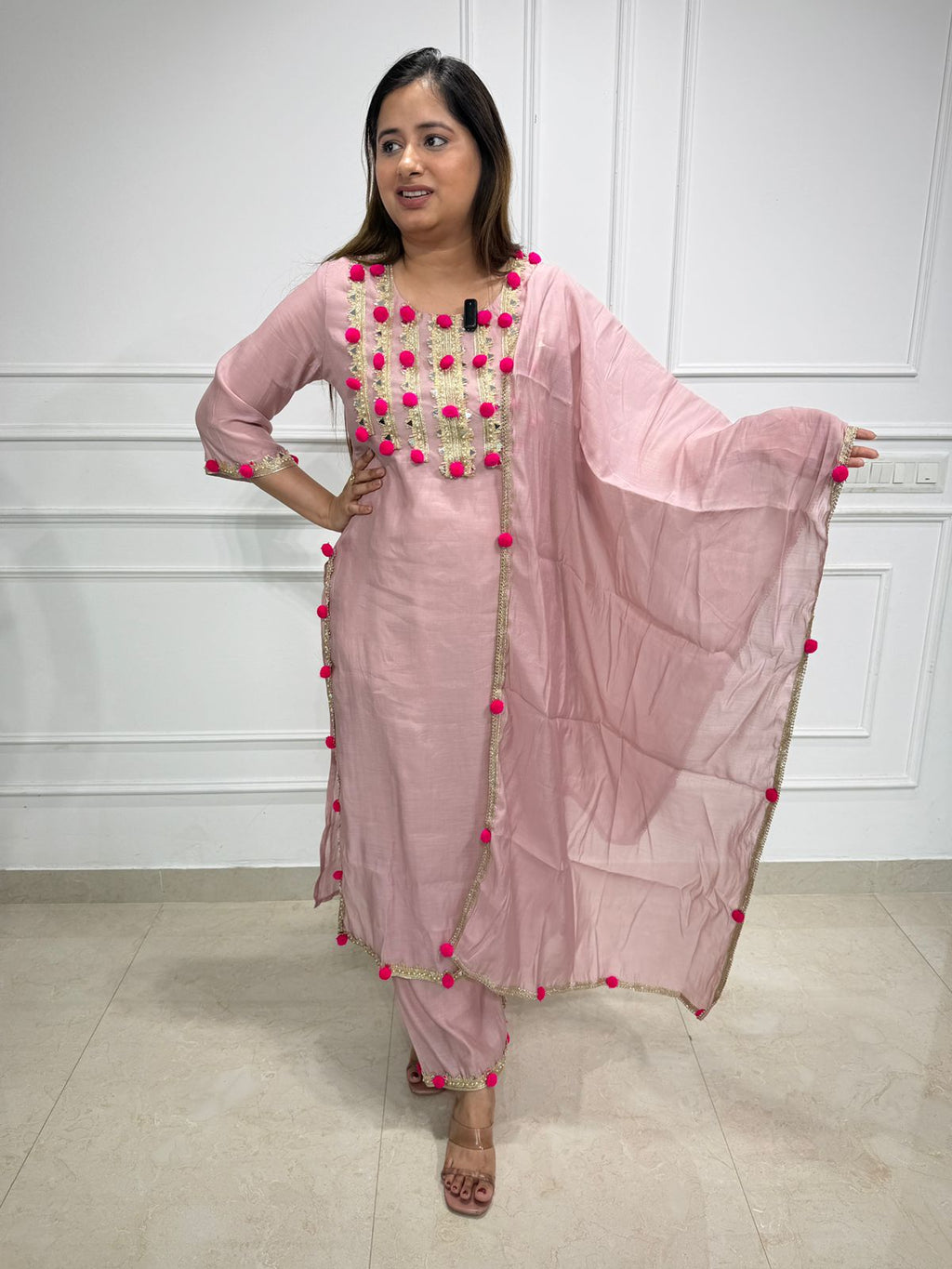 Rovena | Pink Embellished Kurta Set with Dupatta