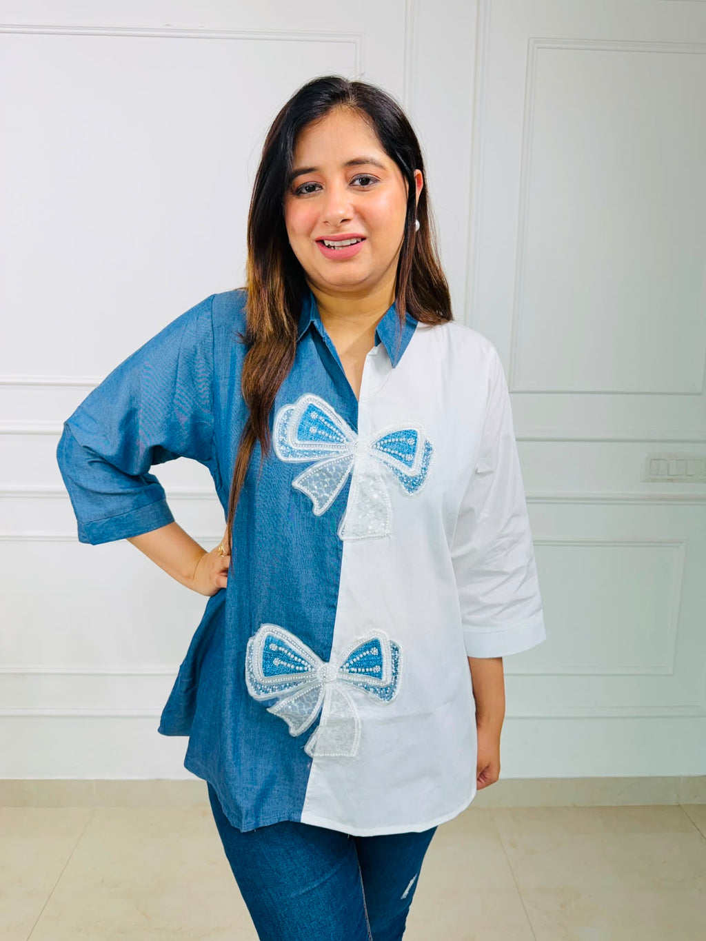 Neelika | Two-Tone Statement Shirt with Embellished Bow Appliqué