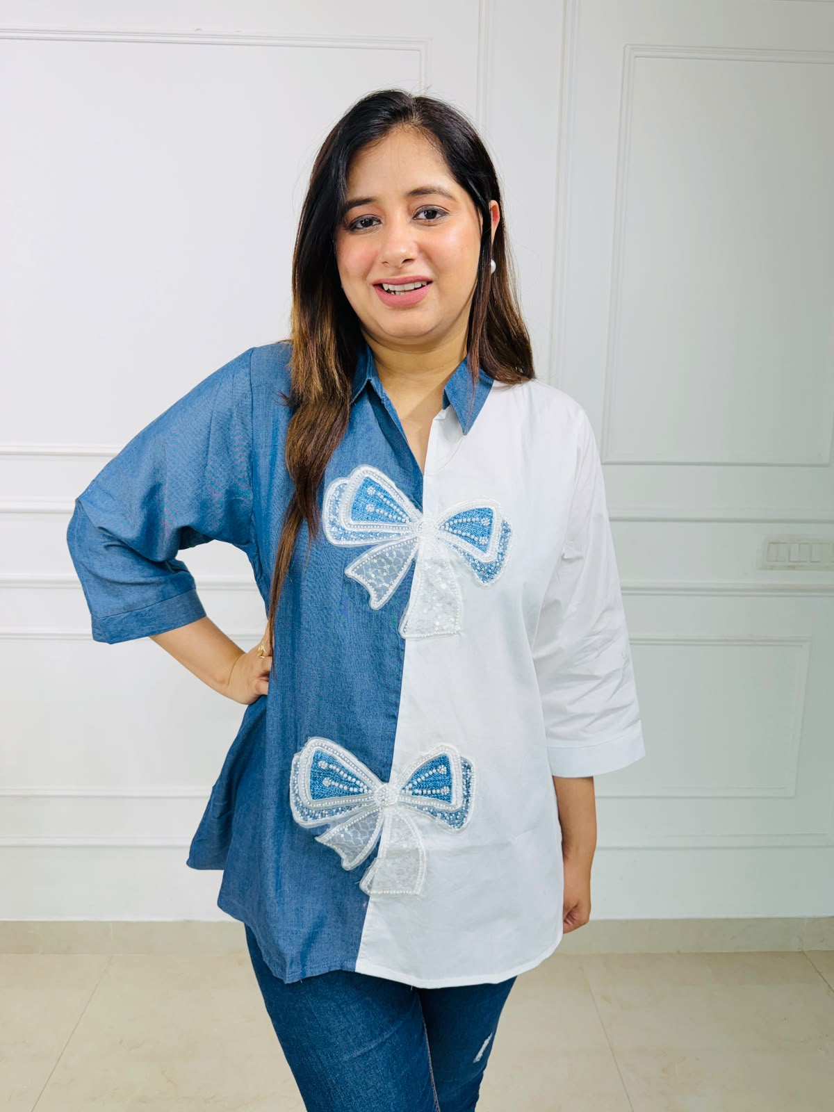 Neelika | Two-Tone Statement Shirt with Embellished Bow Appliqué