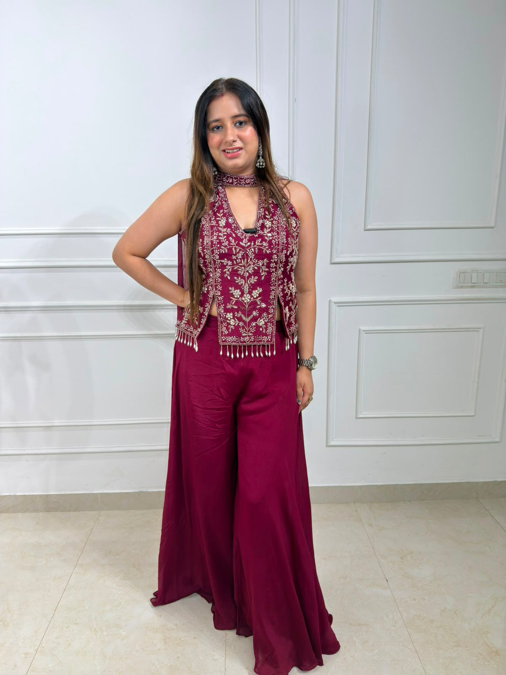 Zariya Wine Embroidered Halter Neck Co-Ord Set for Women | Festive & Party Wear
