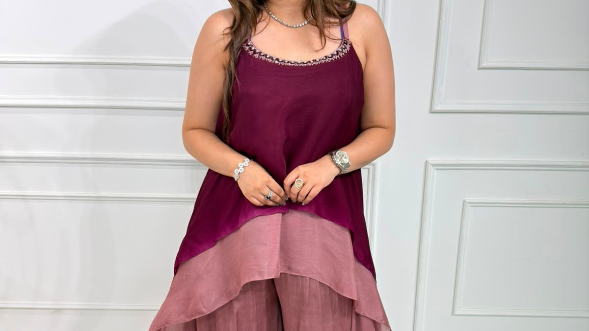 Amora Wine & Blush Layered Co-Ord Set for Women | Premium Designer Asymmetrical Top with Draped Pants | Party & Fusion Wear
