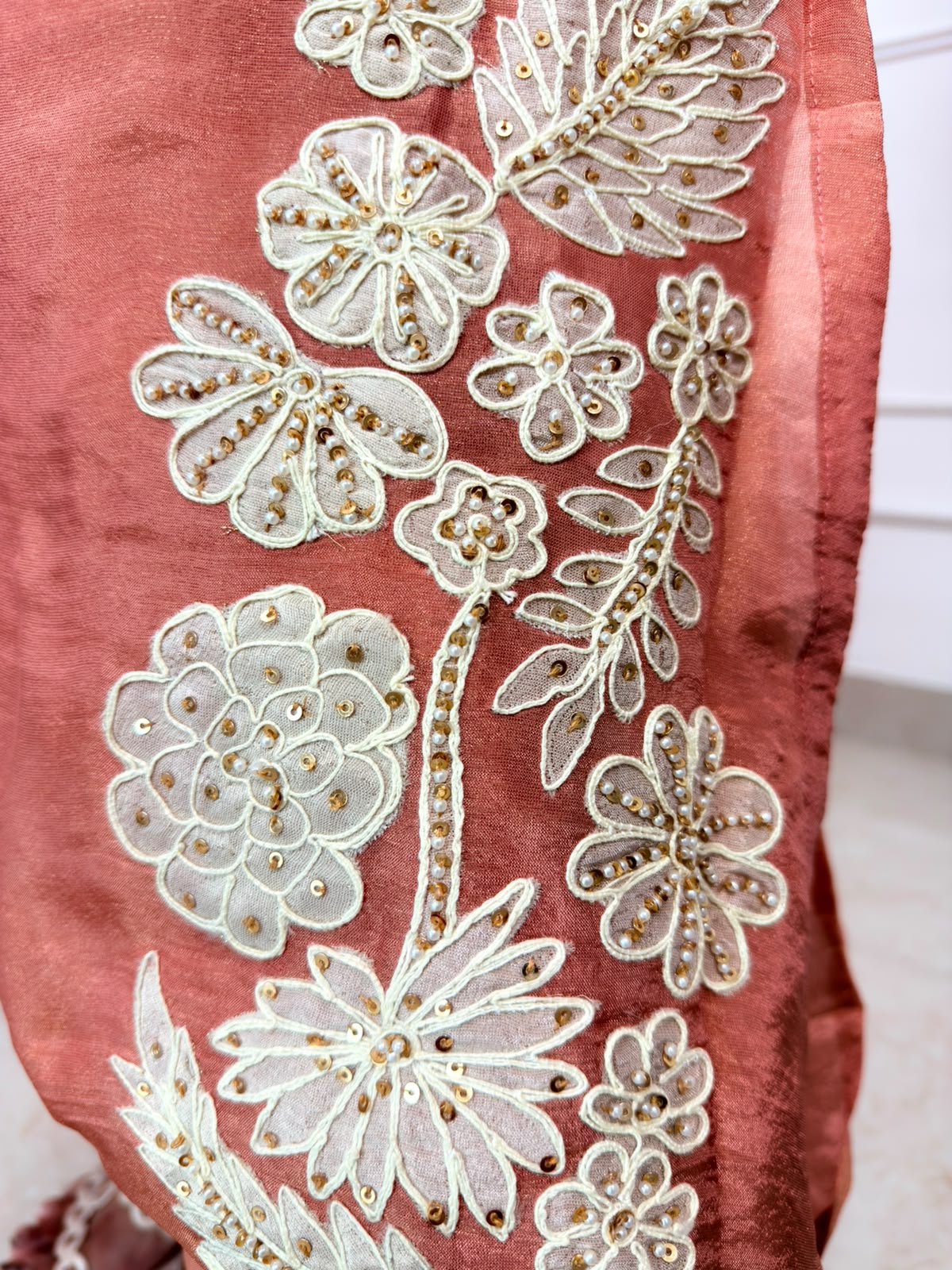 Seraya | Peach Embroidered Kurta Set with Floral Detailing & Palazzo
