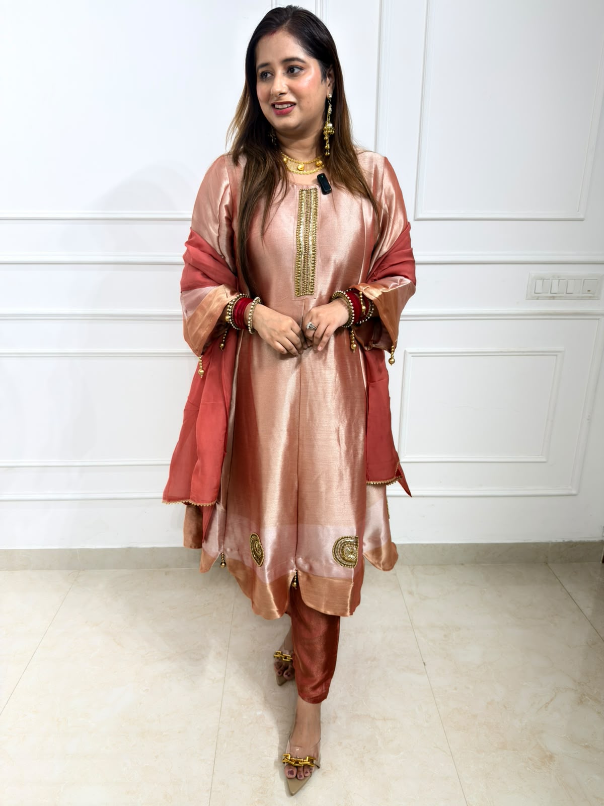 Aavya | Rose Gold Silk Kurta Set with Embellished Dupatta