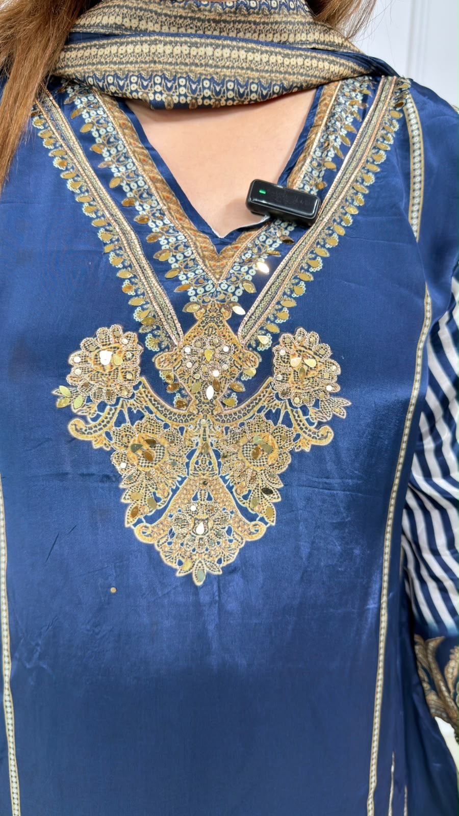 Zarmina | Navy Blue Embroidered Kurta with Striped Sharara & Dupatta Set for Women