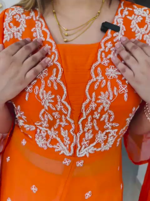 Amara👗 | Designer Orange Palazzo Suit Set – White Embroidered Kurta & Dupatta